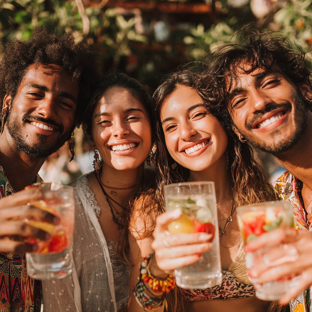Grupo de adultos colombianos sonrientes disfrutando de una comida saludable al aire libre