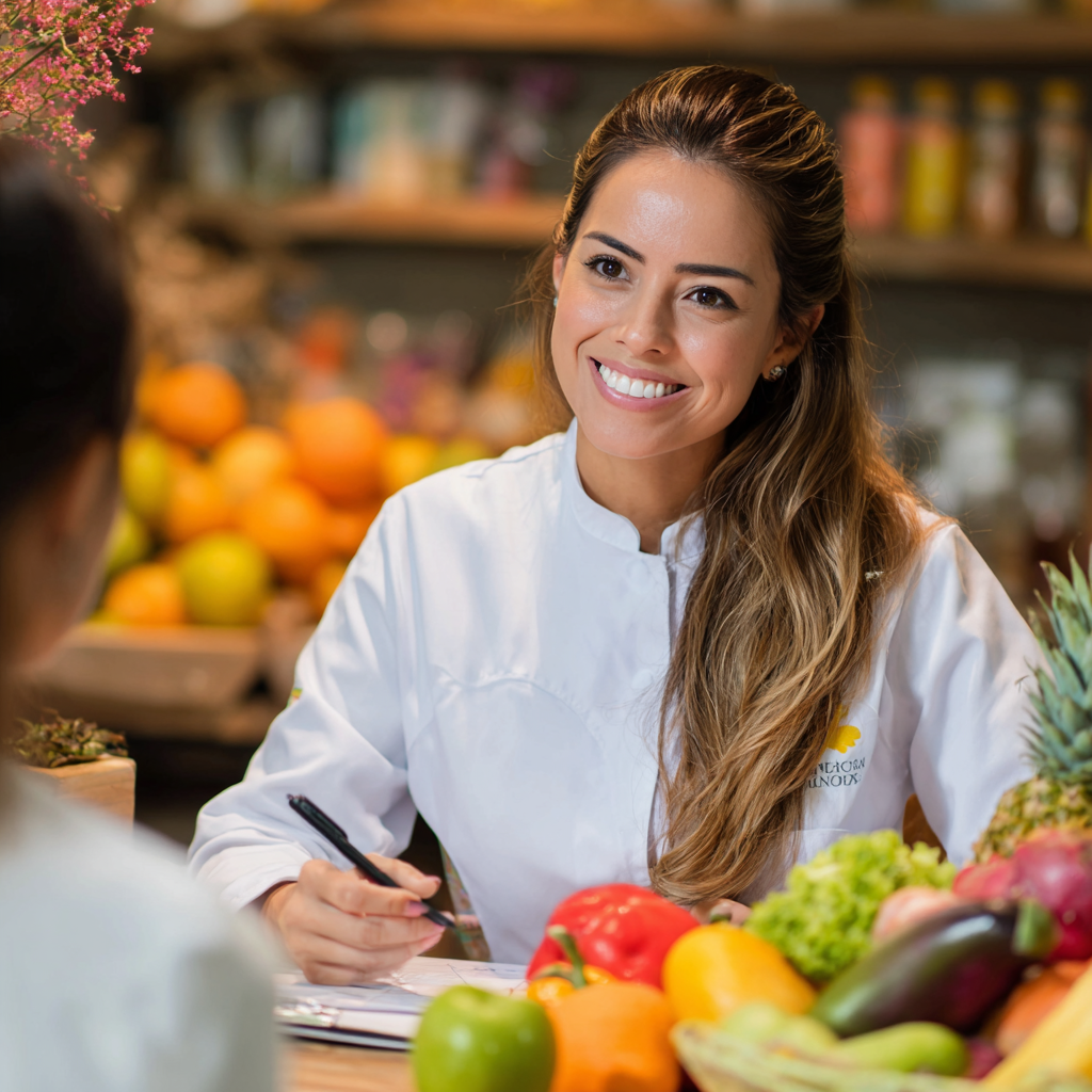 Familia colombiana sonriente compartiendo comida saludable en mesa familiar